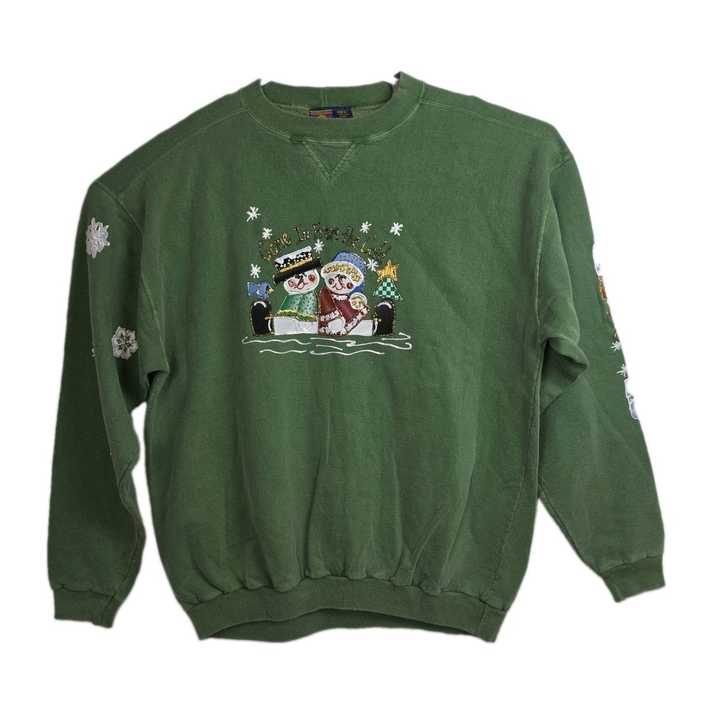 Vintage Flash Christmas Snowman Sweatshirt Womens XL Puff Paint Art To Wear